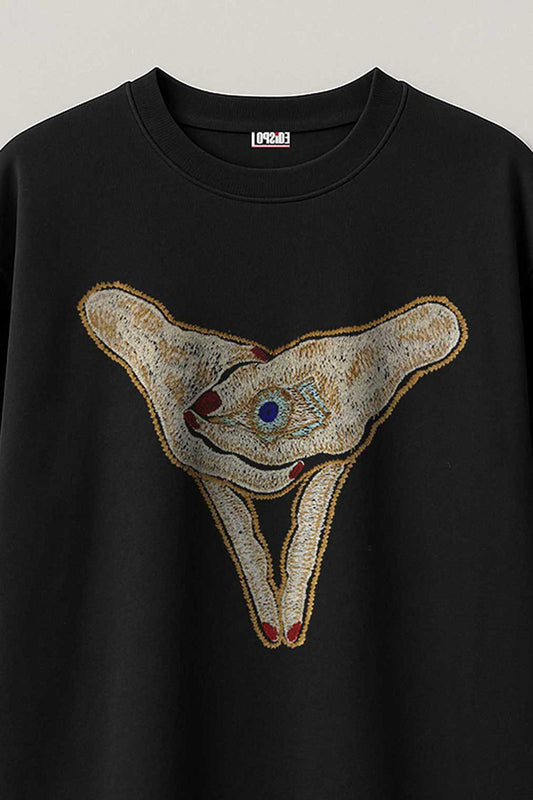 Embroidered Trippy Artwork Black Oversized T-shirt
