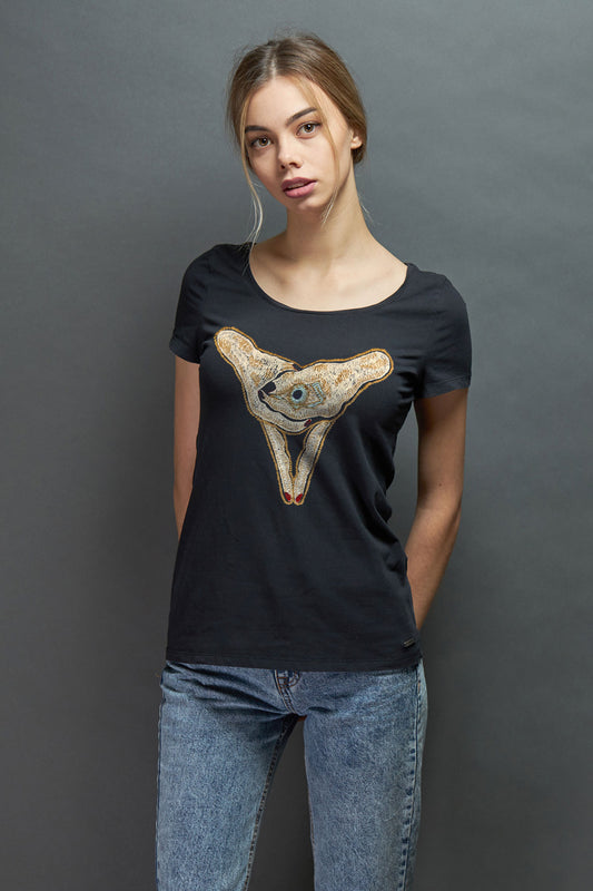 Embroidered Trippy Artwork Half Sleeve Black T-shirt For Women