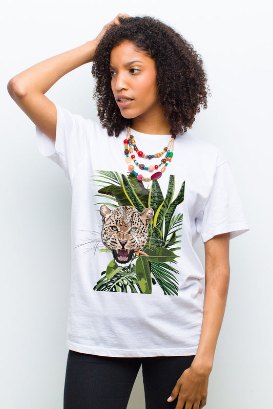Graceful Leopard Graphic Art White T-shirt For Women
