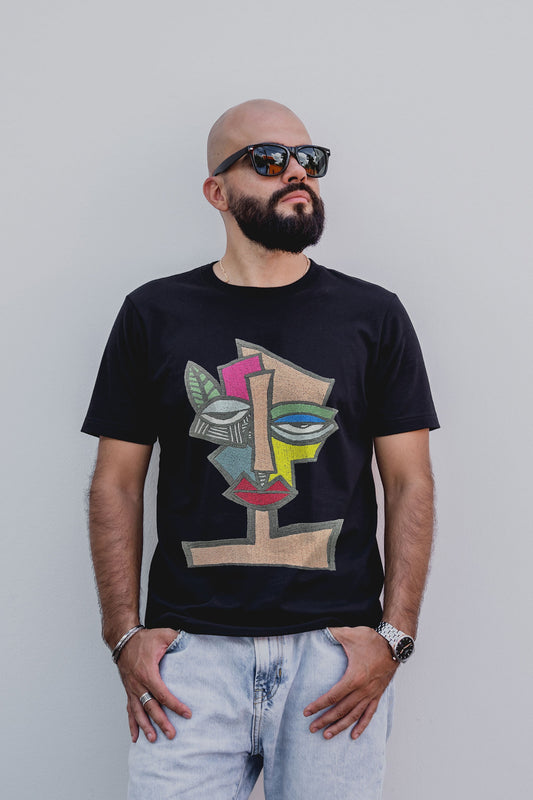 Abstract Embroidered Artwork Half Sleeve Black T-shirt For Men