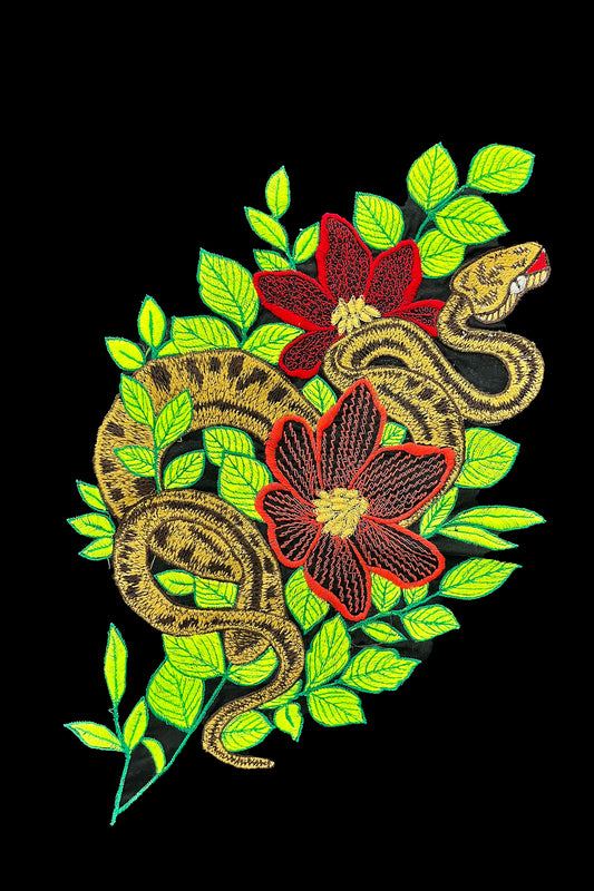 Twisted Garden Embroidered Artwork Half Sleeve Black T-shirt For Women