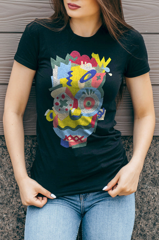 Abstract Collage Embroidered Artwork Half Sleeve T-shirt For Women