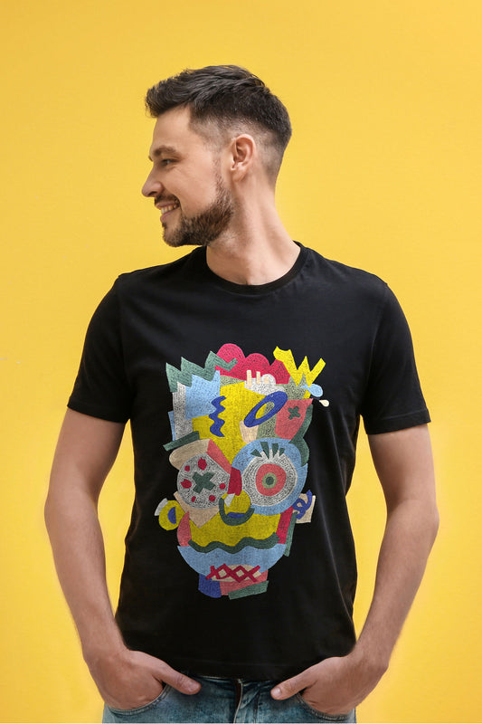 Abstract Collage Embroidered Artwork Half Sleeve Black T-shirt For Men