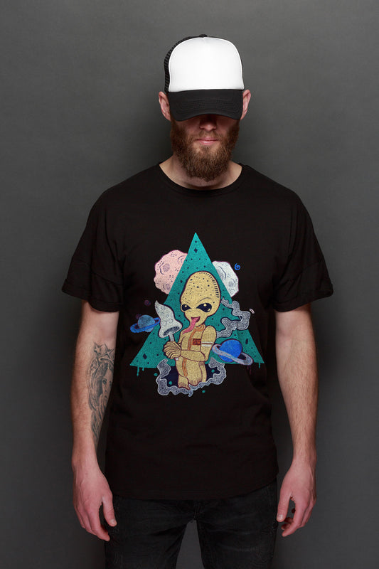 Alien Trip Embroidered Artwork Half Sleeve Black T-shirt For Men