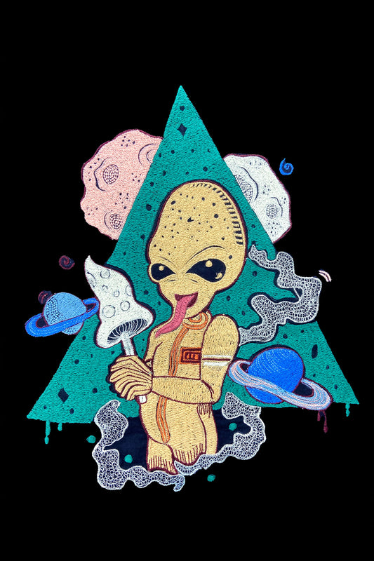 Alien Trip Embroidered Artwork Half Sleeve Black T-shirt For Men