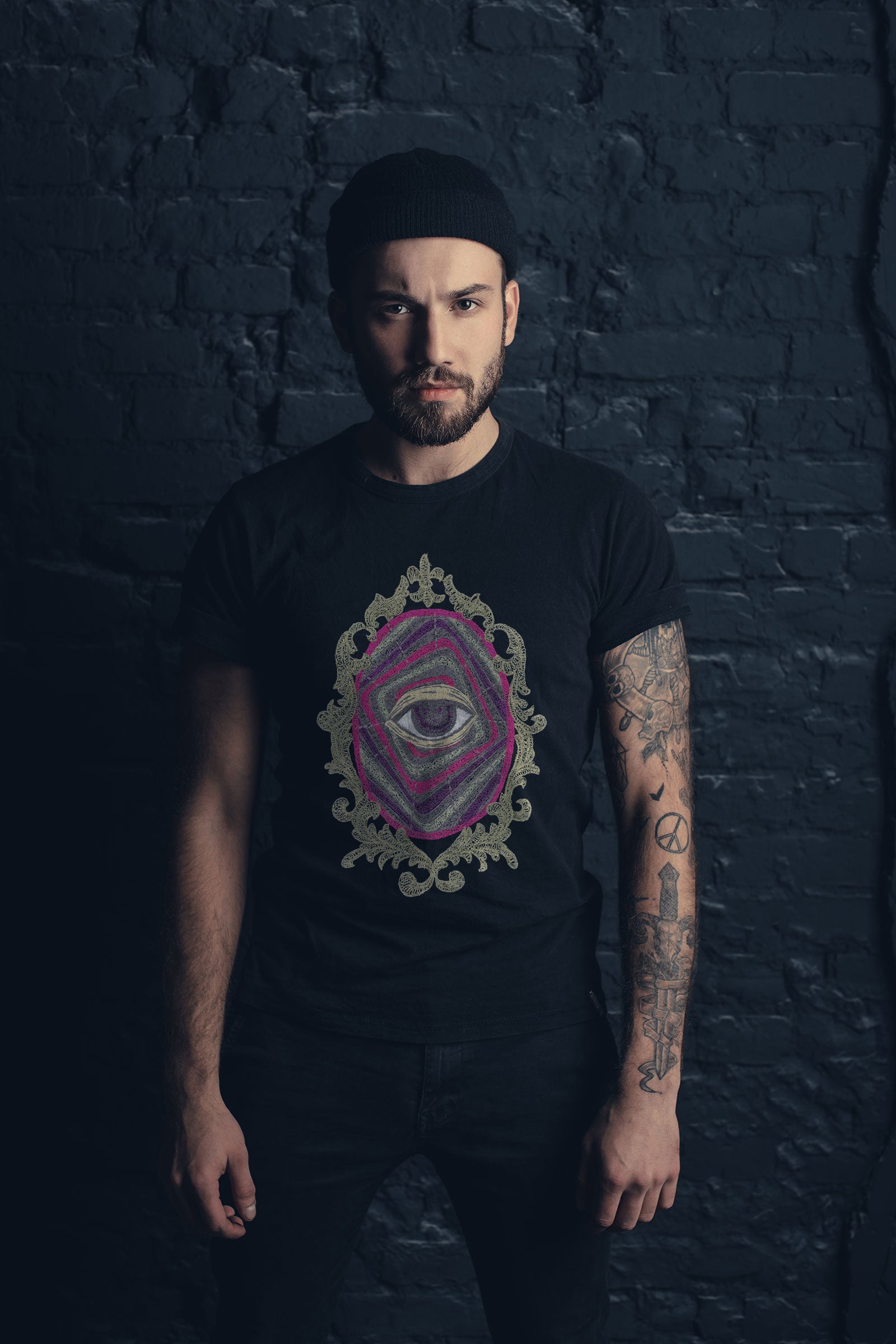 Sacred Eye Mirror Embroidered Artwork Black T-shirt For Men