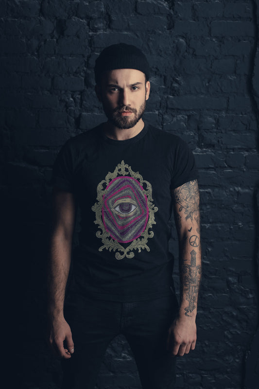Sacred Eye Mirror Embroidered Artwork Black T-shirt For Men