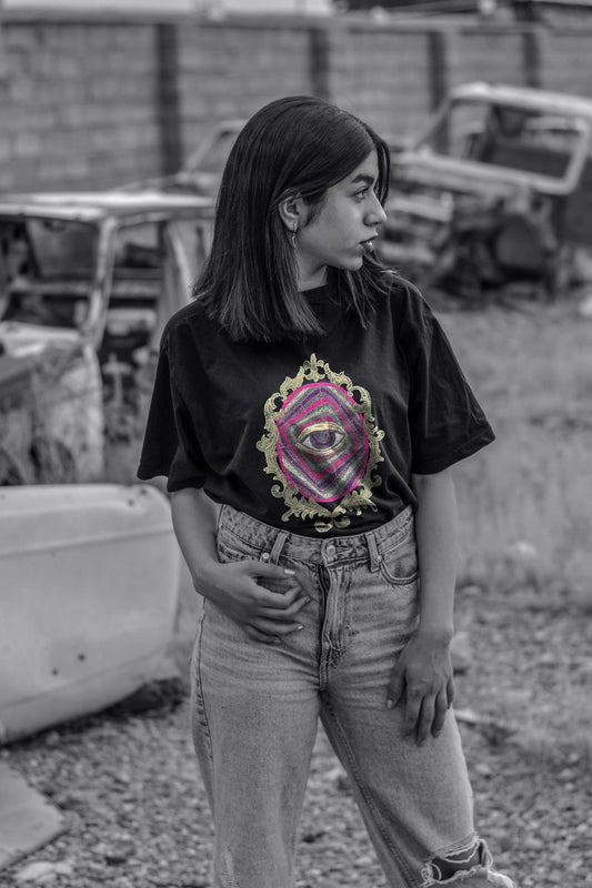 Sacred Eye Mirror Embroidered Artwork Black Oversized T-shirt For Women