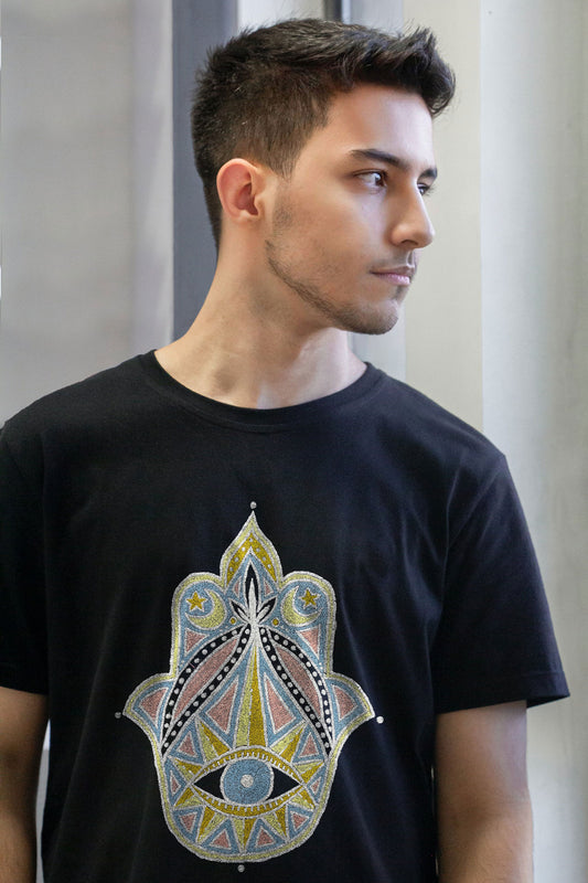 Khamsa Sacred Eye Mirror Embroidered Artwork Half Sleeve T-shirt For Men