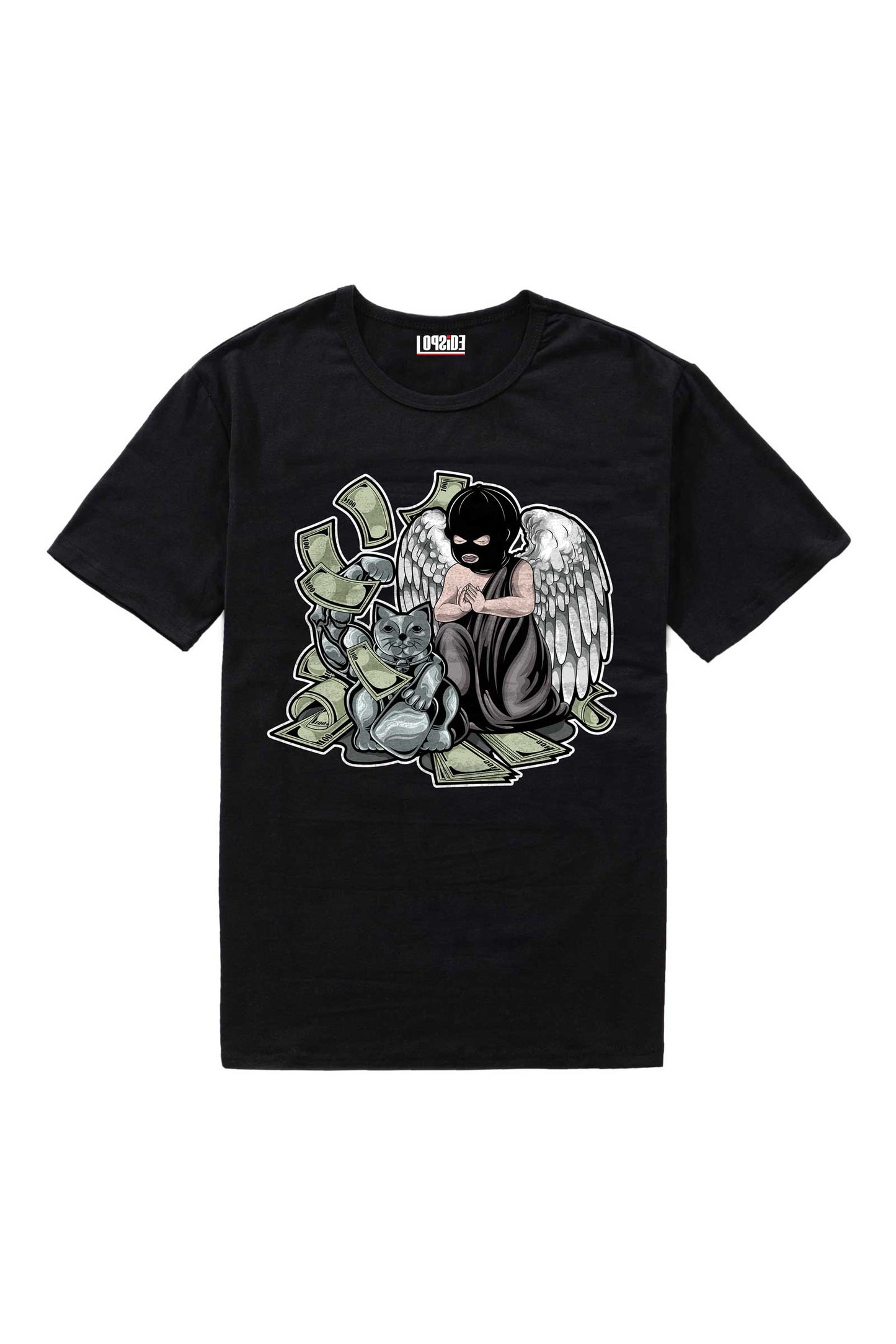 Baby Angel Praying With Lucky Cat Black Oversized Unisex T-shirt