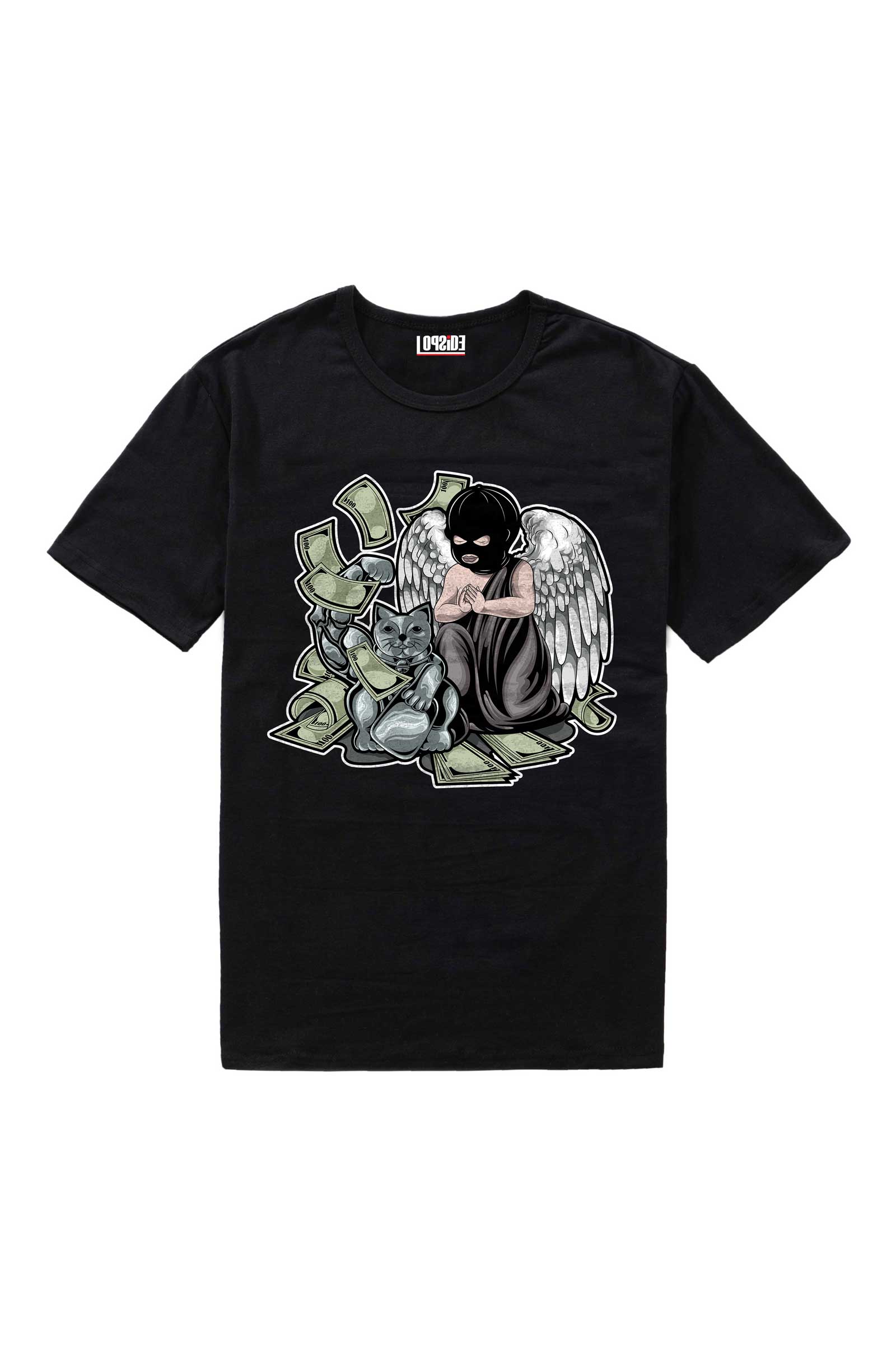 Baby Angel Praying With Lucky Cat Black Oversized Unisex T-shirt