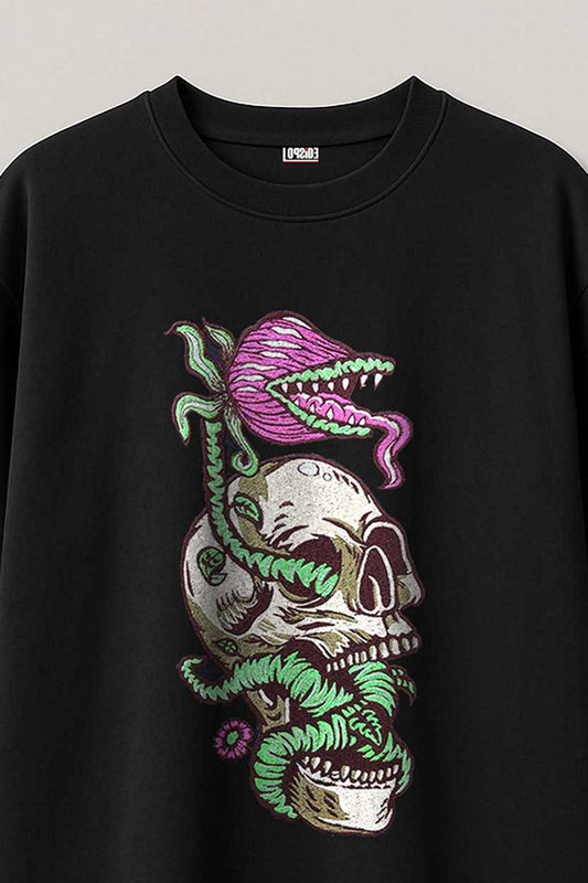 Skull Monster Embroidered Artwork Oversized Black T-shirt For Men