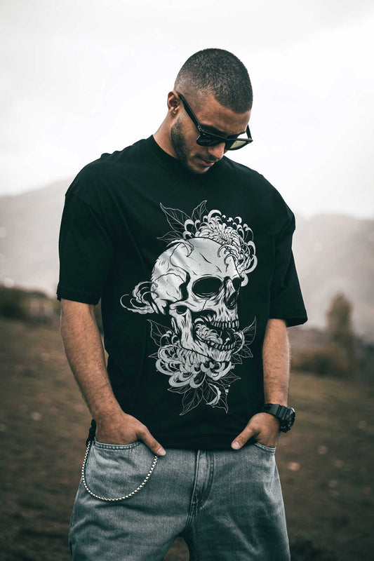 Japanese Line Art Skull Black Oversized T-shirt For Men