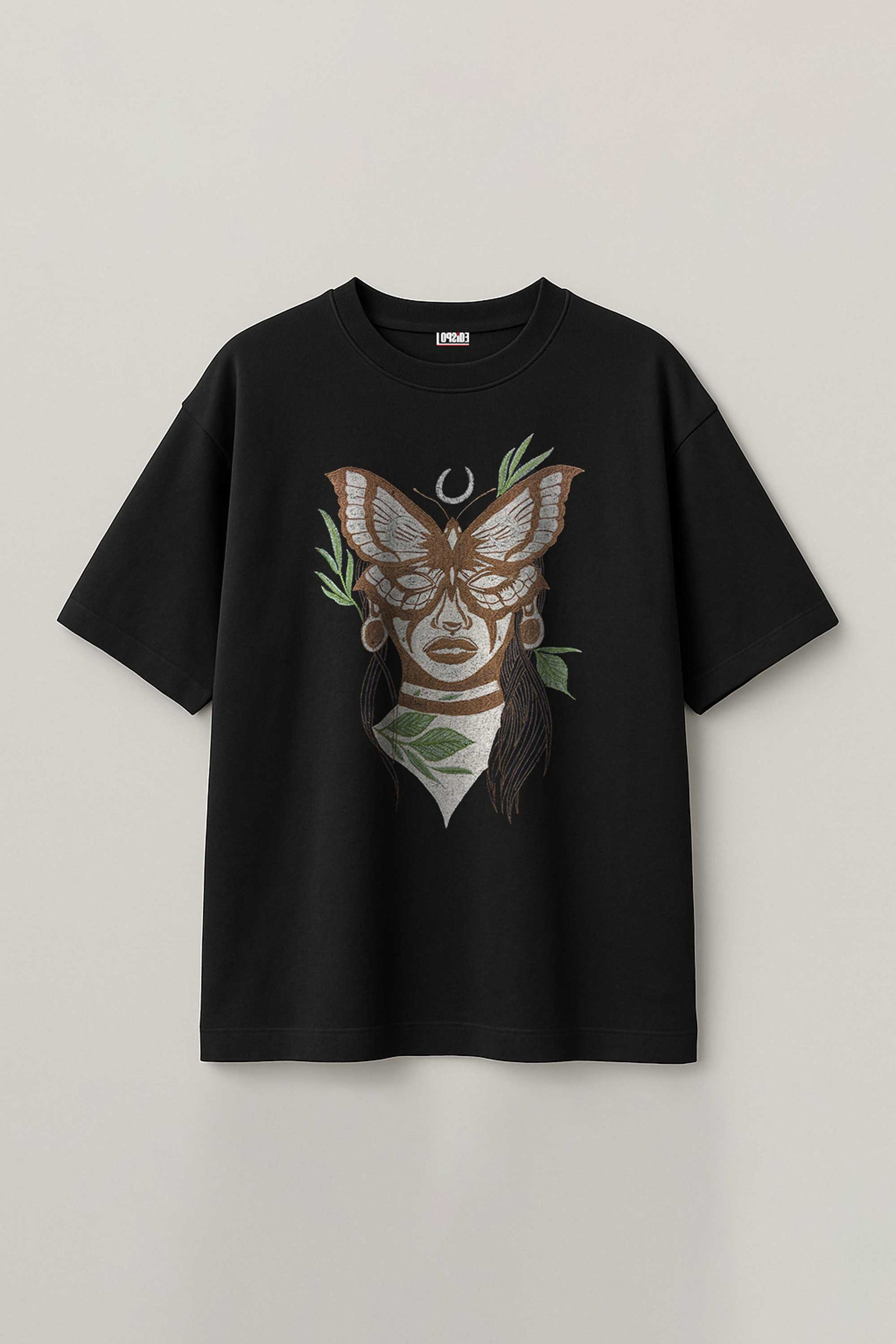 Butterfly Poetry Embroidered Artwork Black Oversized T-shirt