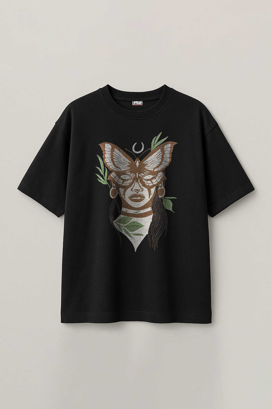 Butterfly Poetry Embroidered Artwork Black Oversized T-shirt