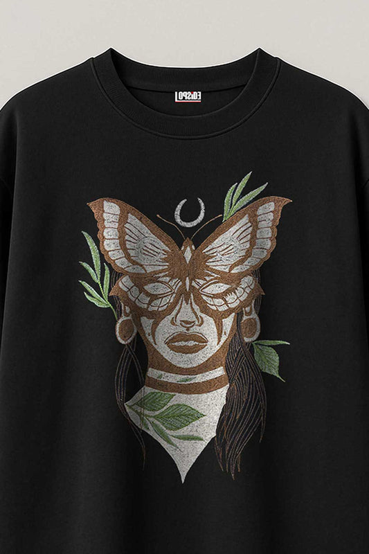 Butterfly Poetry Embroidered Artwork Black Oversized T-shirt
