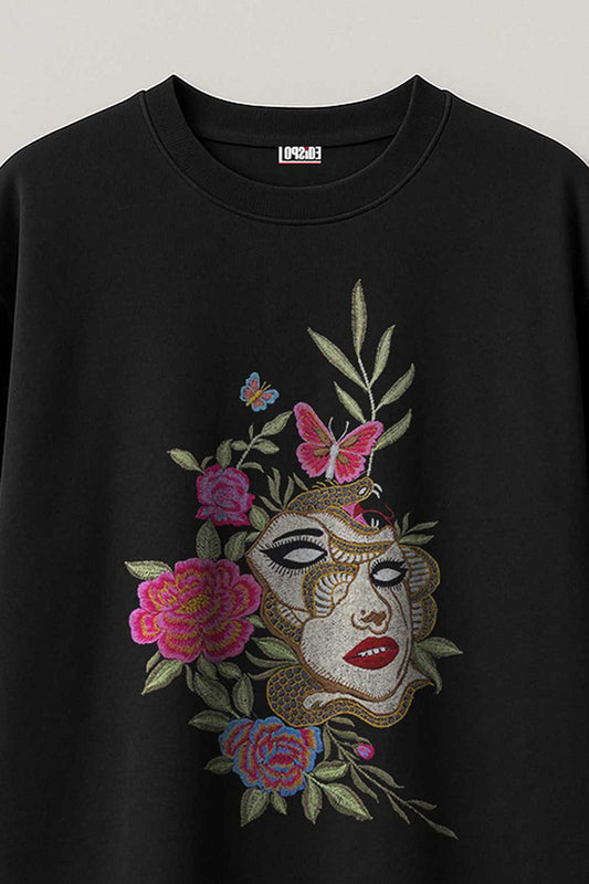 Trippy Face Embroidered Artwork Black Oversized T-shirt
