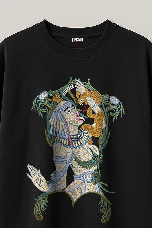 Ancient Egyptian Embroidered Artwork Black Oversized T-shirt