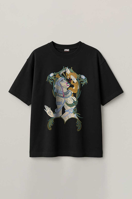 Ancient Egyptian Embroidered Artwork Black Oversized T-shirt