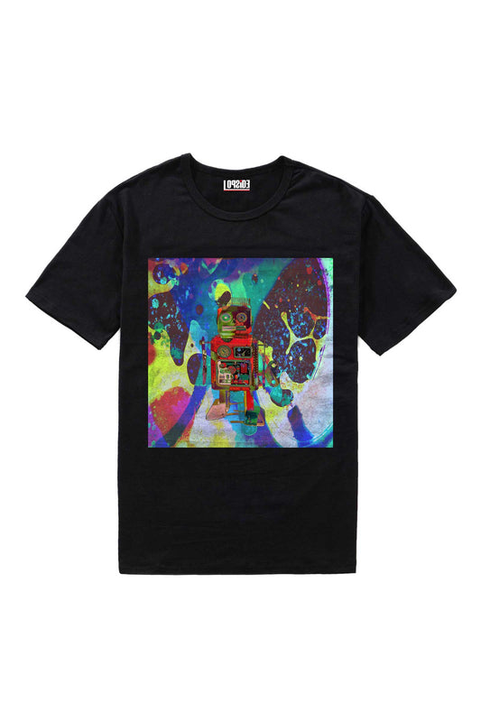 Little Red Robot On A  Acid Trip Black Oversized Unisex T-shirt