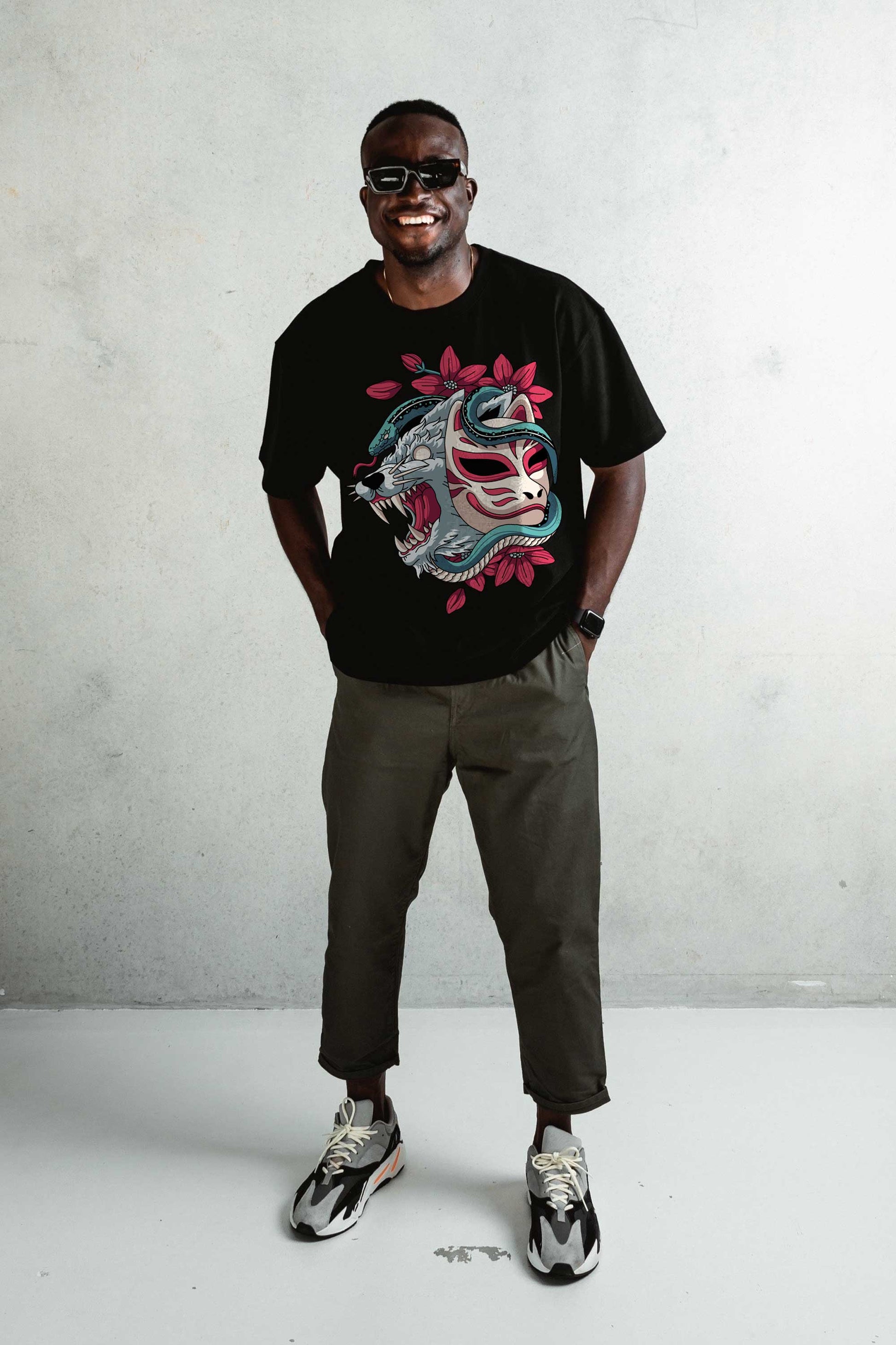 Japanese Kitsune Wolf Black Oversized T-shirt For Men