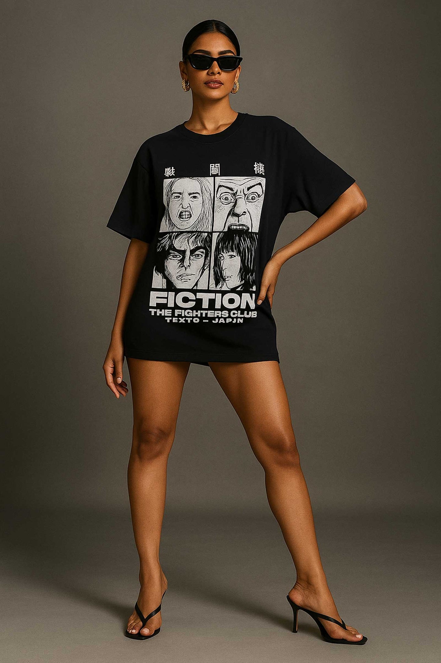 Manga Face Fiction The Fighters Club Black Oversized T-shirt For Women