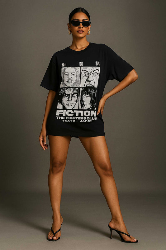 Manga Face Fiction The Fighters Club Black Oversized T-shirt For Women