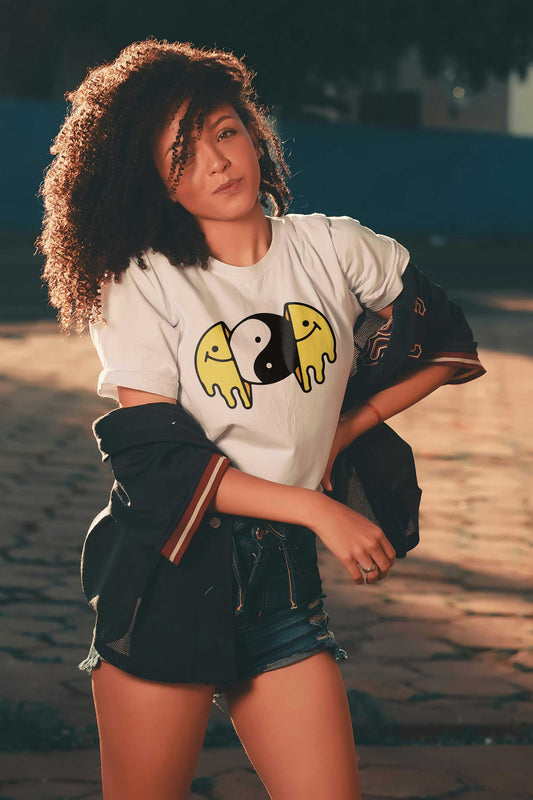 Distorted Smile Face White T-shirt For Women