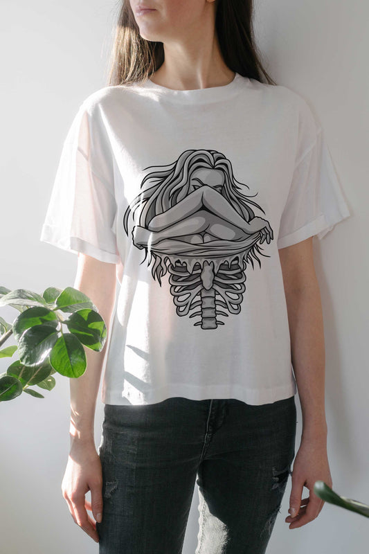 Vintage Gothic Skeleton Girl White Oversized T-shirt For Women