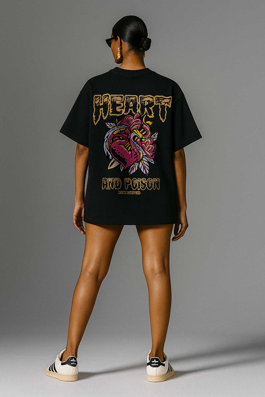 Heart & Poison Streetwear Art Black Oversized T-shirt For Women
