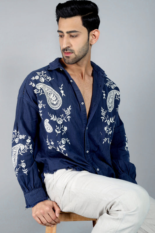 Edward Men's Embroidered Shirt (Drop Shoulder) - Navy Blue