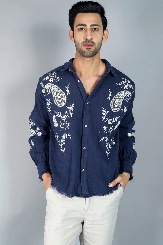 Edward Men's Embroidered Shirt (Drop Shoulder) - Navy Blue