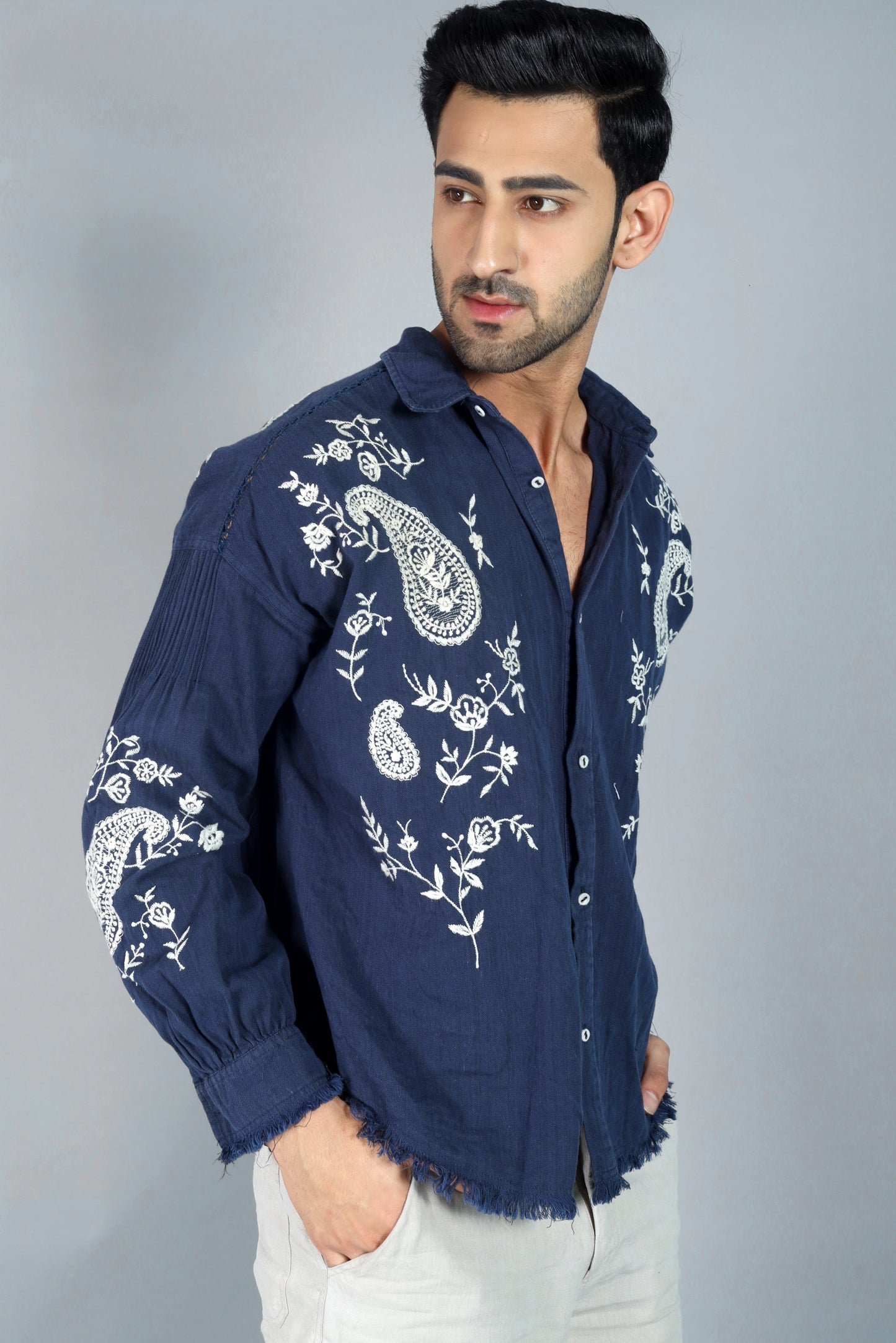 Edward Men's Embroidered Shirt (Drop Shoulder) - Navy Blue
