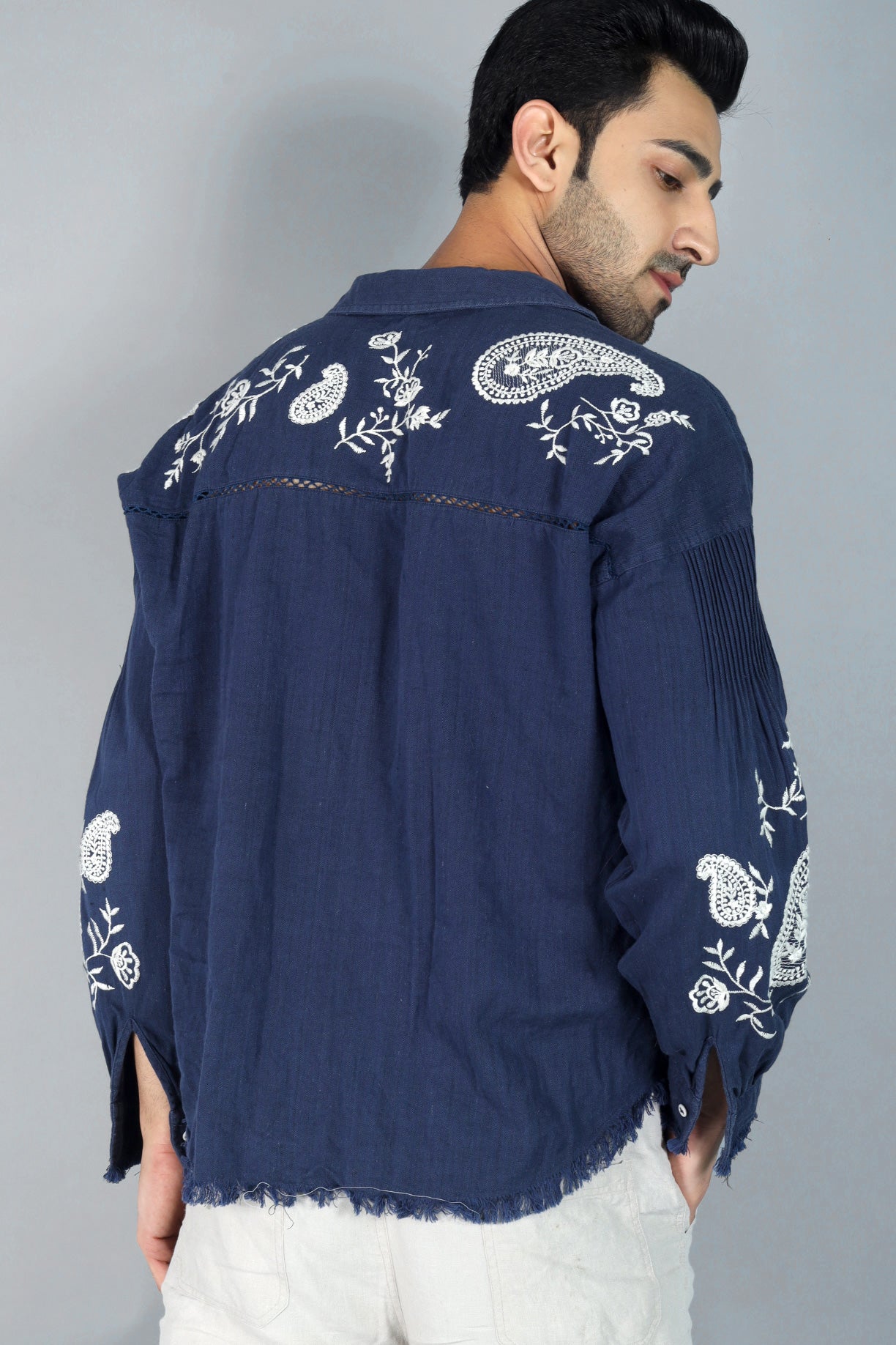 Edward Men's Embroidered Shirt (Drop Shoulder) - Navy Blue