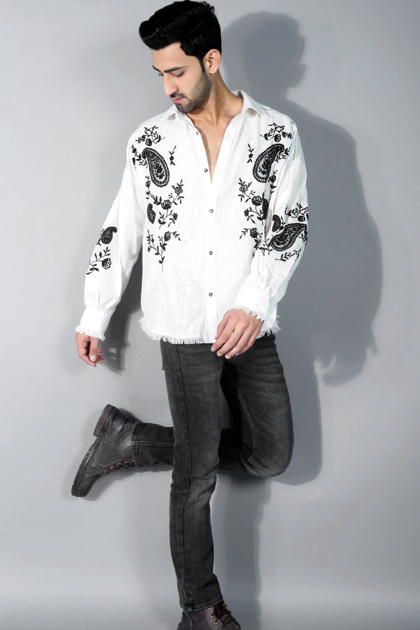 Edward Men's Embroidered Shirt (Drop Shoulder) - White