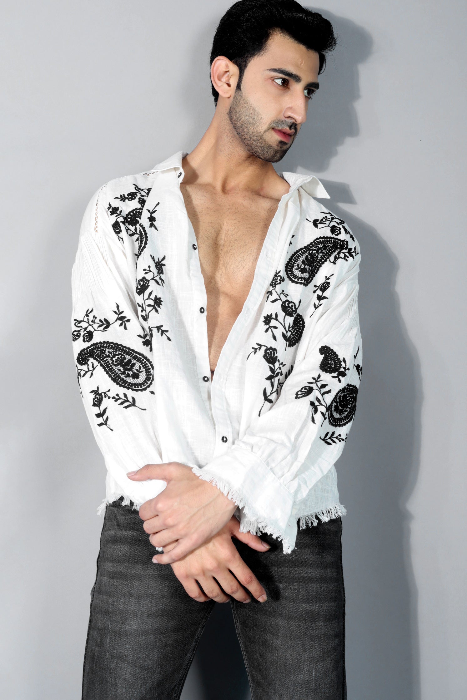 Edward Men's Embroidered Shirt (Drop Shoulder) - White