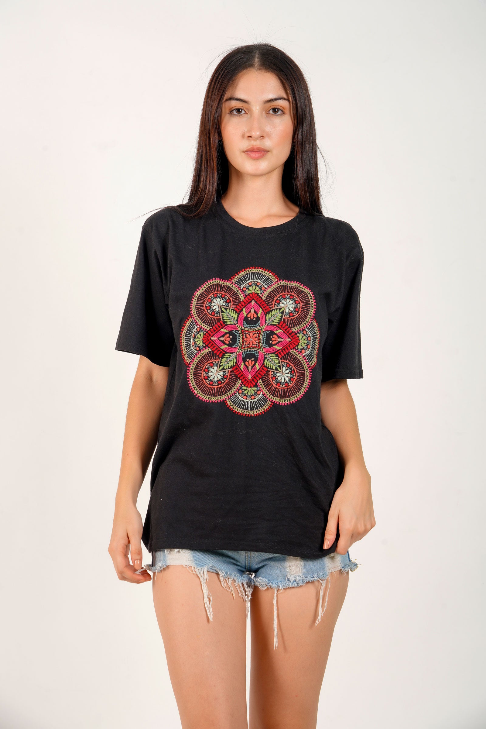 Embroidered Geometric Artwork T-shirt For Women