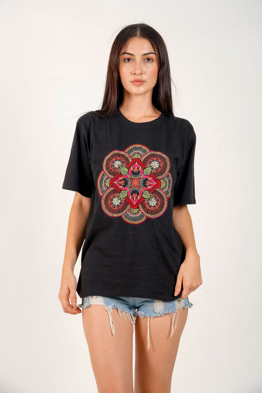 Embroidered Geometric Artwork T-shirt For Women